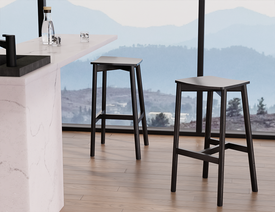 Andi Backless Bar Stool - Black - 75 cm Seat Height displayed in a bright dining area with large windows and mountain views, showcasing clean lines and modern interior styling.