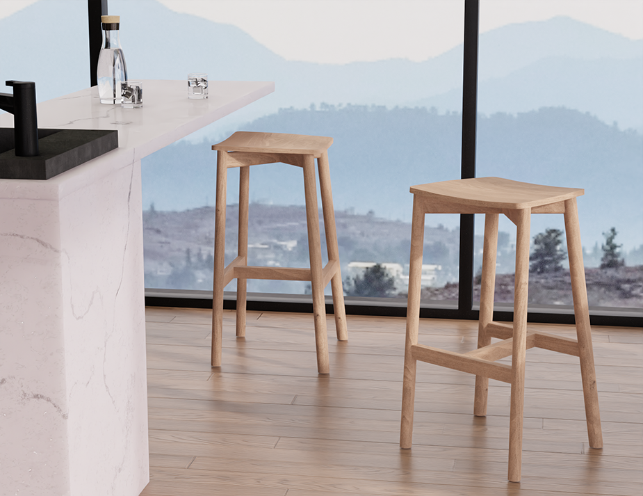 Andi Backless Bar Stool - Natural - 66 cm Seat Height stools in a bright modern kitchen with floor-to-ceiling windows, showcasing sleek design and everyday usability.
