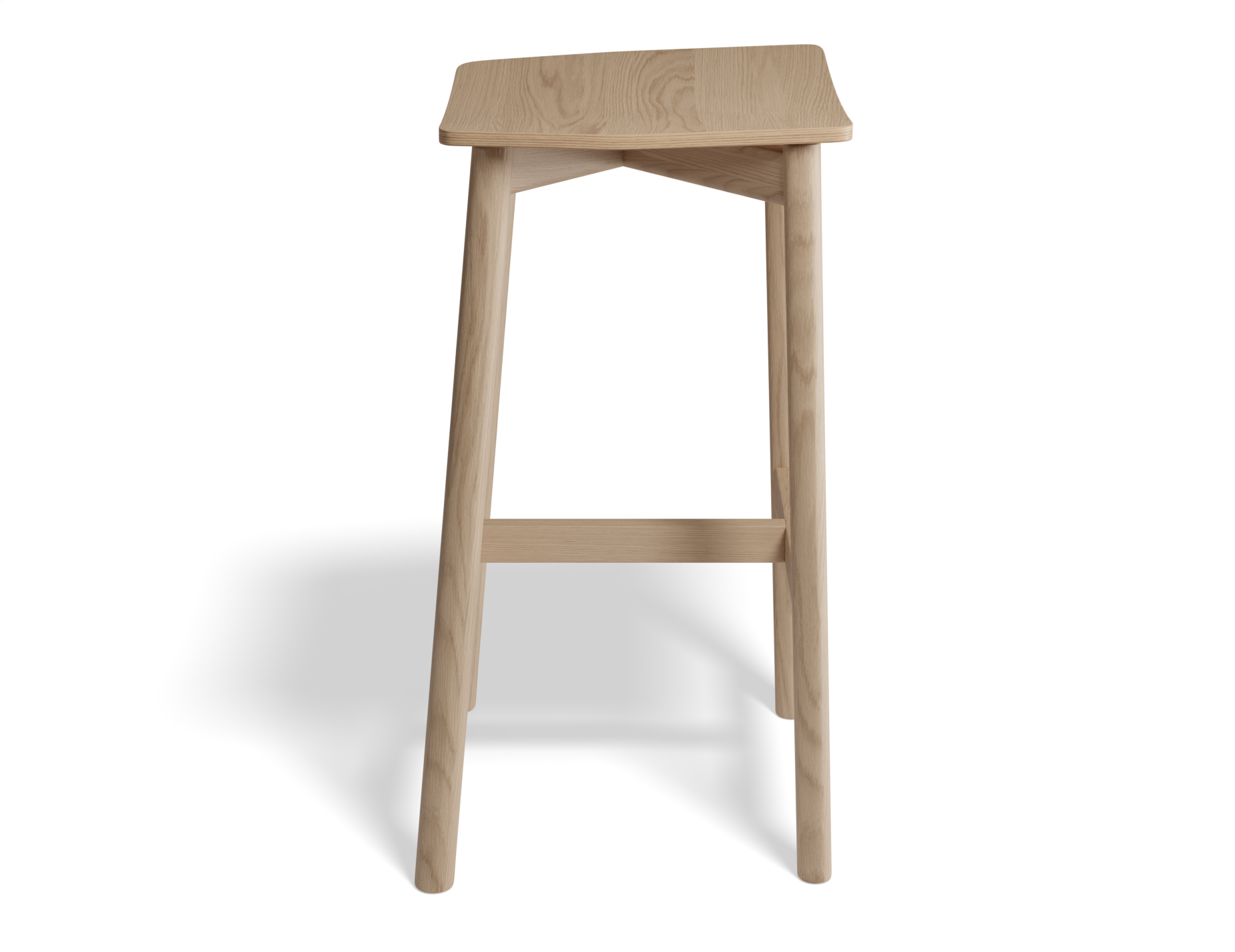 Side view of Andi Backless Bar Stool - Natural - 66 cm Seat Height, isolated on a white background, showcasing solid oak construction, smooth contoured seat, tapered legs, and integrated footrest.