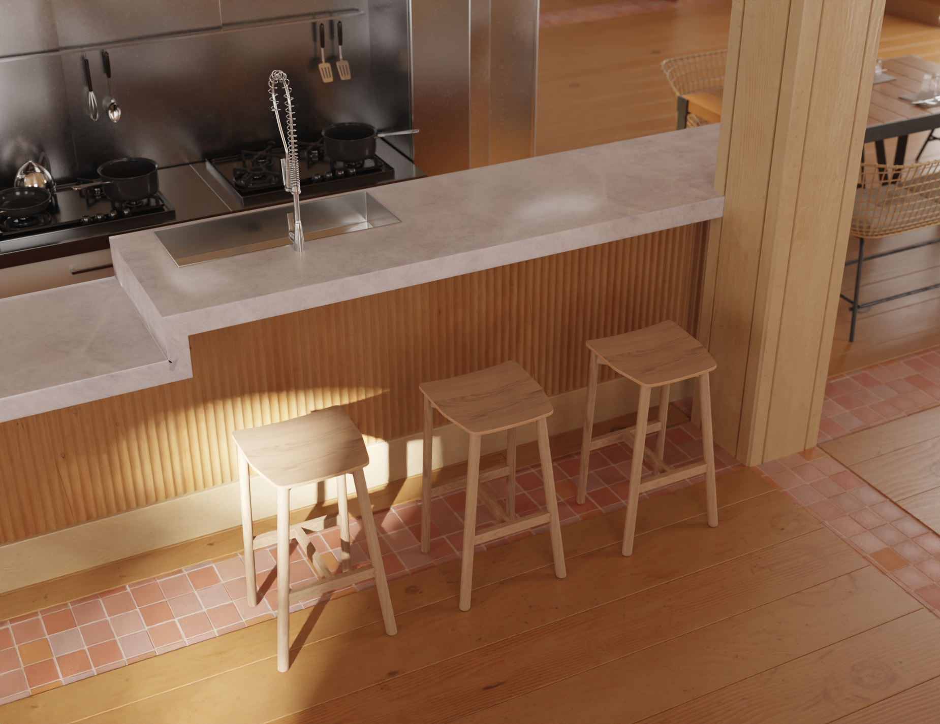 Row of Andi Backless Bar Stool - Natural - 66 cm Seat Height stools along a kitchen counter, highlighting uniform design, sturdy construction, and natural wood texture.