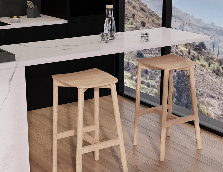 Pair of Andi Backless Bar Stool - Natural - 66 cm Seat Height stools placed at a marble kitchen island, emphasising durability, minimalist form, and warm wood tones.