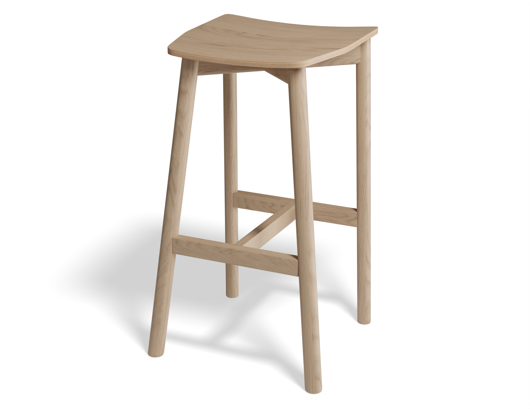 Angled side view of Andi Backless Bar Stool - Natural - 75 cm Seat Height, highlighting tapered legs, integrated footrest, and natural wood grain texture in a clean, modern silhouette.