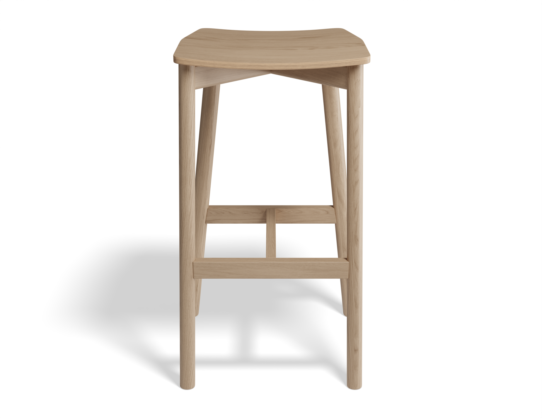 Front view of Andi Backless Bar Stool - Natural - 75 cm Seat Height, isolated on a white background, showcasing solid oak construction, smooth contoured seat, and minimalist Scandinavian design.