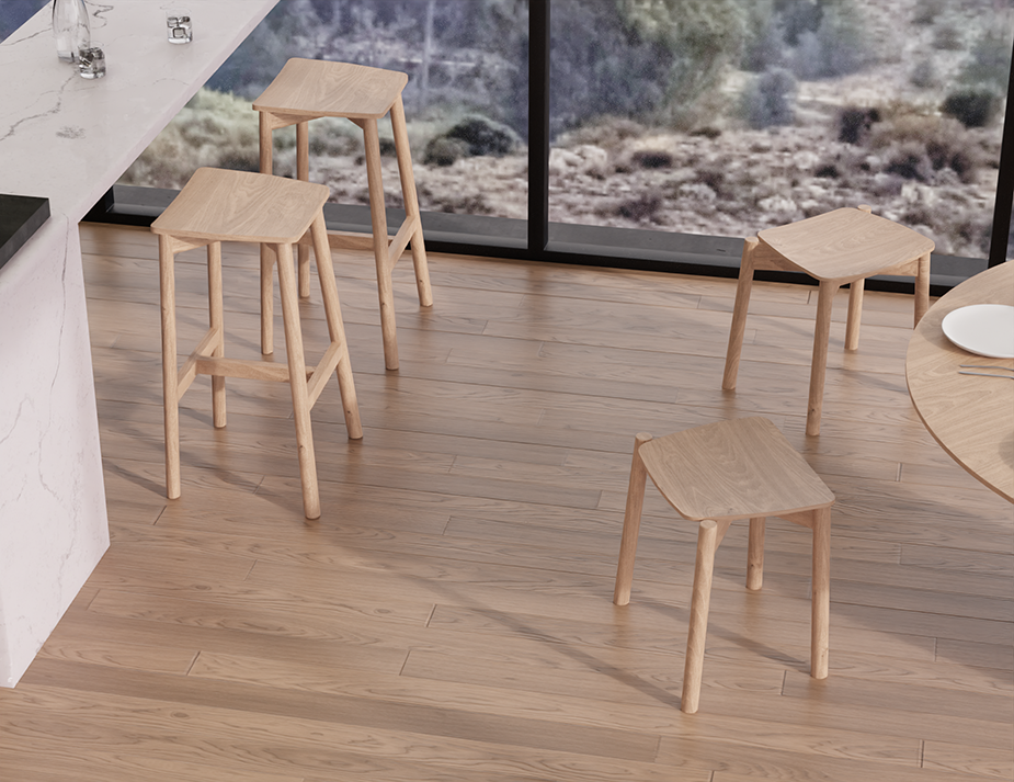 Multiple Andi Backless Bar Stool - Natural - 75 cm Seat Height stools arranged in a modern kitchen interior, showcasing functional seating, clean lines, and natural oak finish.