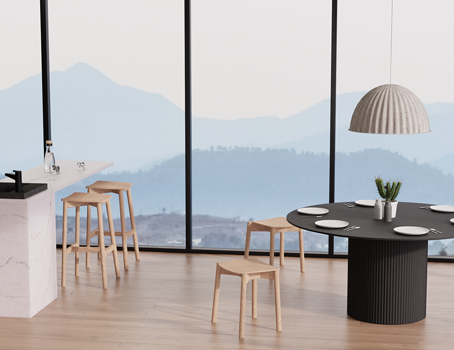 Andi Backless Bar Stool - Natural - 75 cm Seat Height styled in a contemporary dining space, paired with a modern table and large windows, highlighting versatile use and Scandinavian aesthetic.