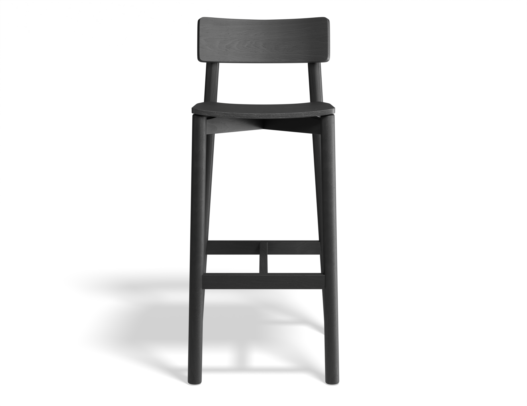 Front view of Andi Bar Stool - Black - 66 cm Seat Height, isolated on a white background, emphasising curved backrest, tapered legs, and matte black wood texture.