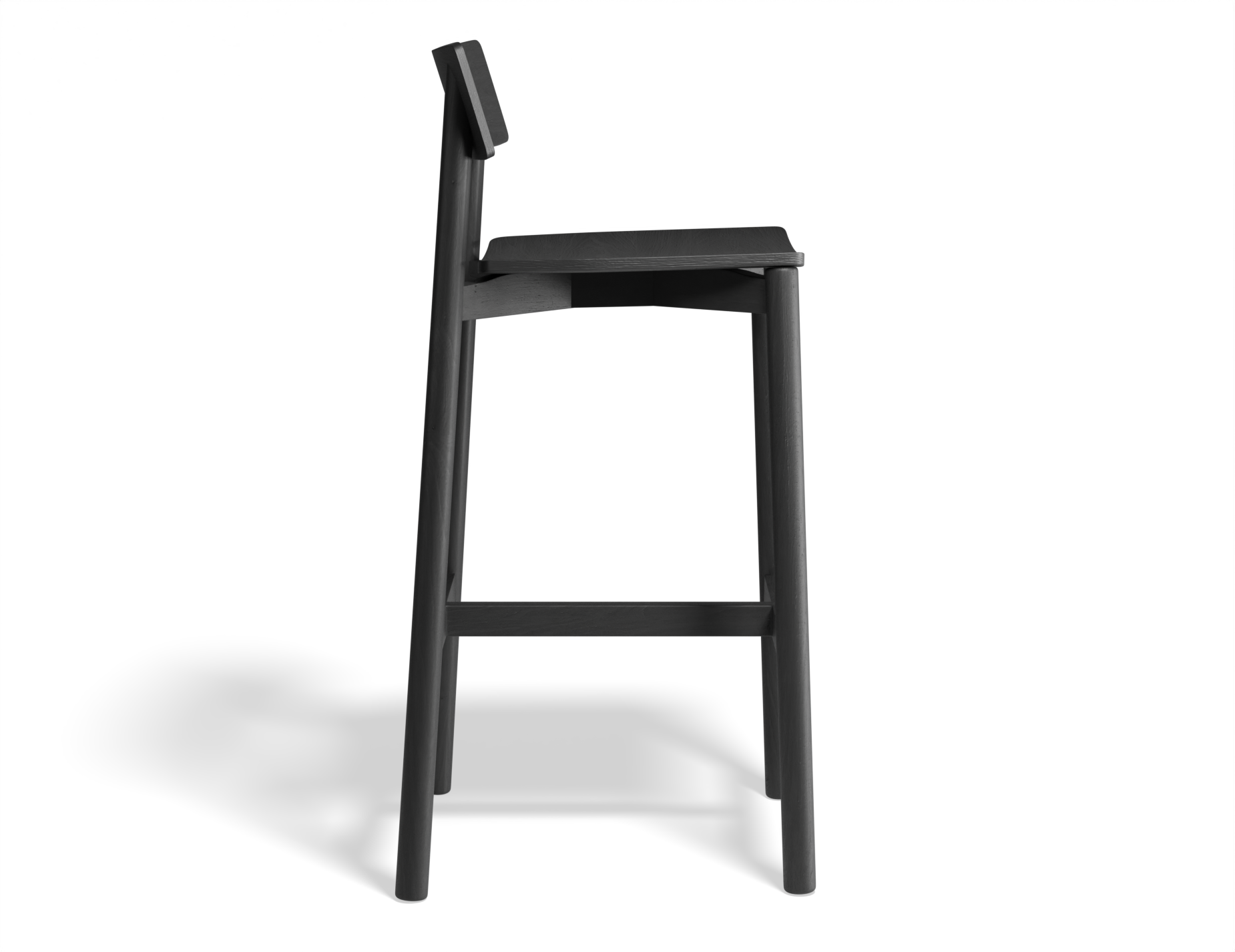 Side profile view of Andi Bar Stool - Black - 66 cm Seat Height, isolated on a white background, showcasing solid wood frame, integrated footrest, and minimalist modern design.