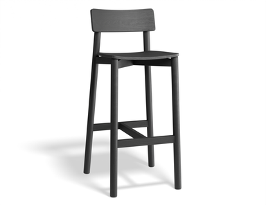 Three-quarter front view of Andi Bar Stool - Black - 66 cm Seat Height, isolated, showcasing ergonomic seat, angled backrest, and refined craftsmanship.