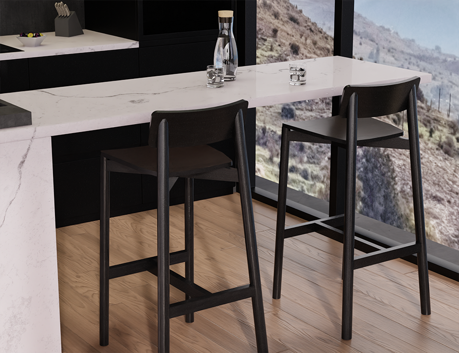 Two Andi Bar Stool - Black - 66 cm Seat Height stools placed at a marble kitchen island, emphasising clean lines, sturdy frame, and modern interior styling.