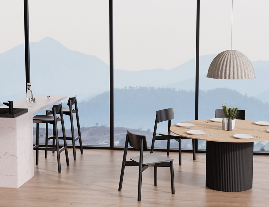 Contemporary dining space featuring Andi Bar Stool - Black - 66 cm Seat Height seating around a round table, set in a bright interior with floor-to-ceiling windows and mountain views.