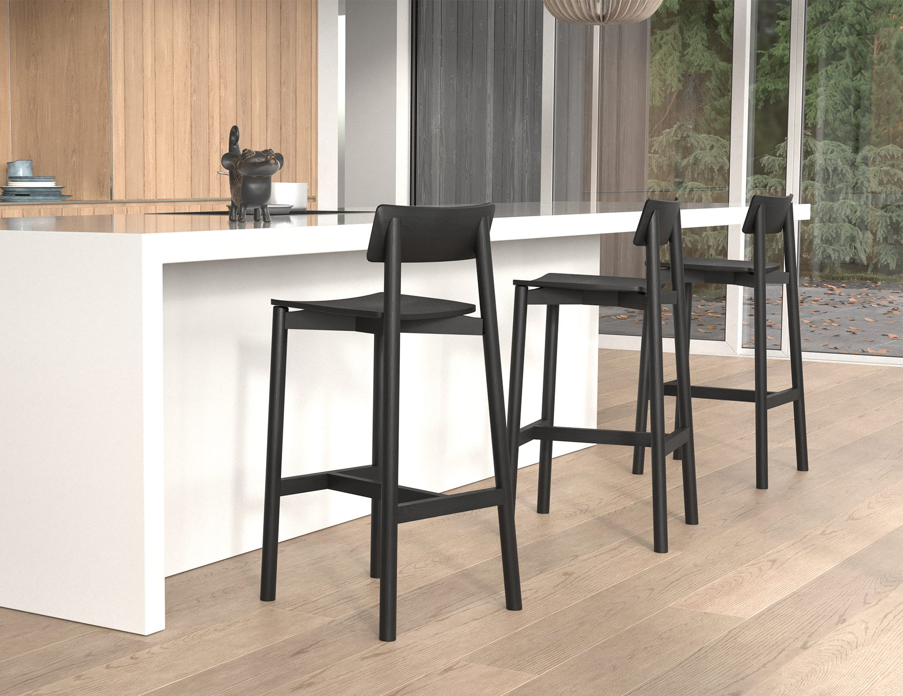 Bar counter setup with multiple Andi Bar Stool - Black - 75 cm Seat Height stools, highlighting uniform design, strong structure, and contemporary kitchen environment.
