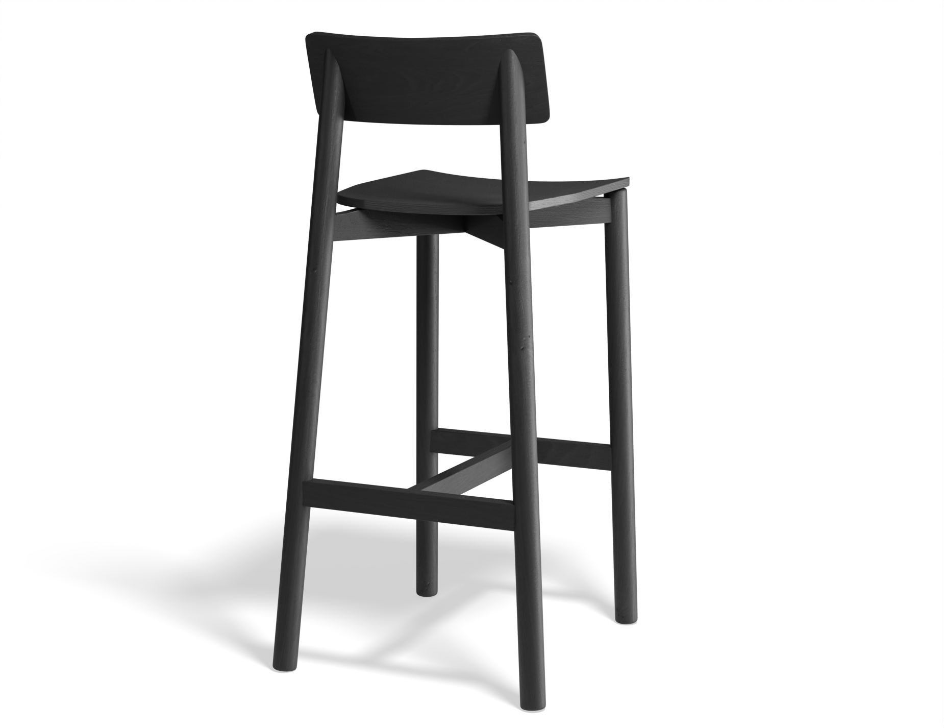 Rear angled view of Andi Bar Stool - Black - 75 cm Seat Height, isolated, highlighting sculpted seat, angled legs, and smooth black wood finish.