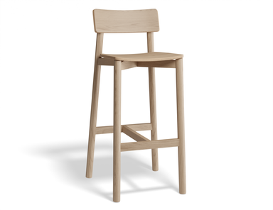 Three-quarter front view of Andi Bar Stool - Natural - 66 cm Seat Height, isolated on a white background, emphasising ergonomic seat, tapered legs, and natural wood finish.