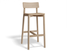 Three-quarter front view of Andi Bar Stool - Natural - 66 cm Seat Height, isolated on a white background, emphasising ergonomic seat, tapered legs, and natural wood finish.