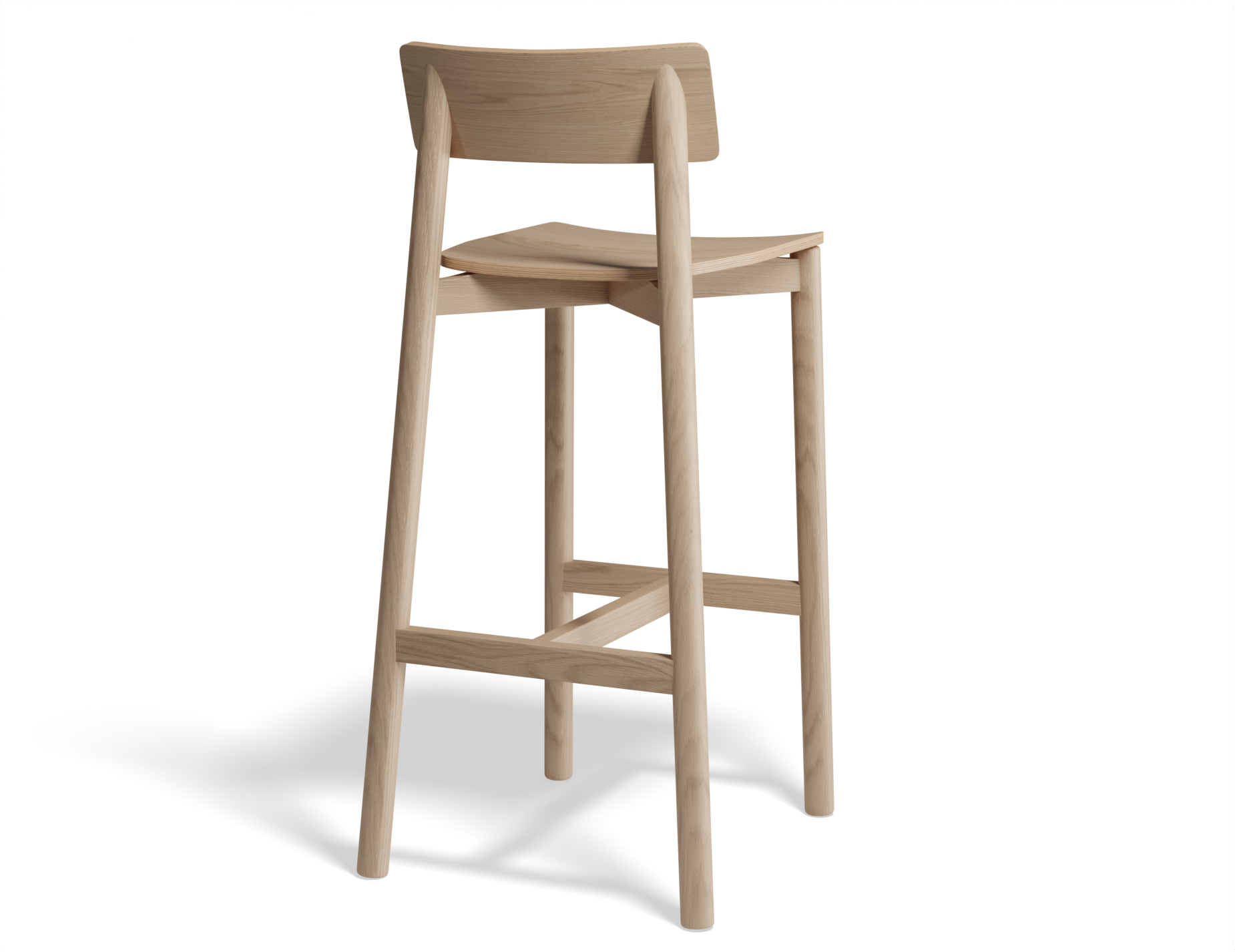 Rear angled view of Andi Bar Stool - Natural - 75 cm Seat Height, isolated, emphasising sculpted seat, angled legs, and smooth natural wood grain texture.