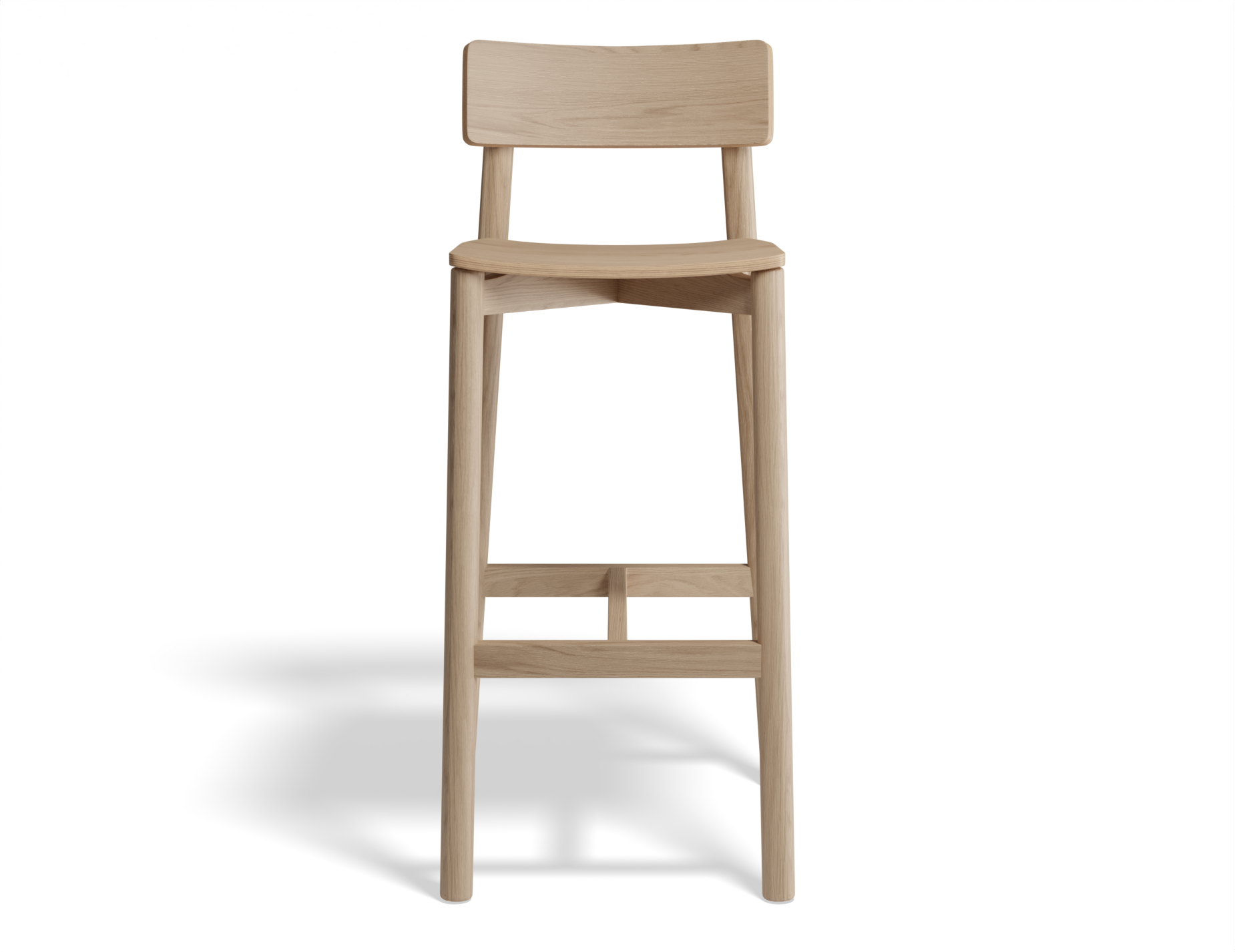 Front view of Andi Bar Stool - Natural - 75 cm Seat Height, isolated on white, highlighting curved backrest, clean lines, and light oak wood finish.