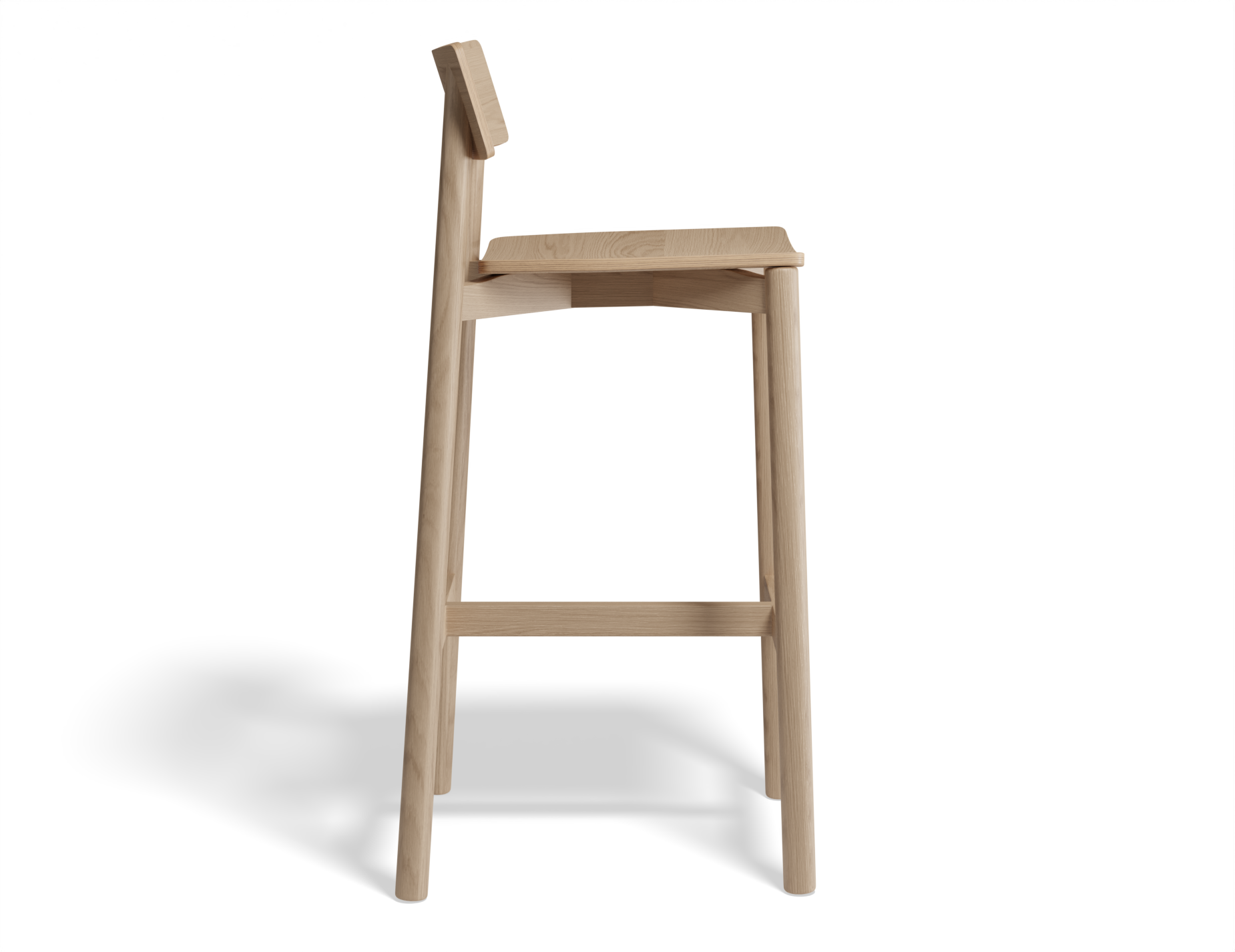 Side profile view of Andi Bar Stool - Natural - 75 cm Seat Height, isolated on a white background, showcasing solid wood frame, integrated footrest, and minimalist Scandinavian design.