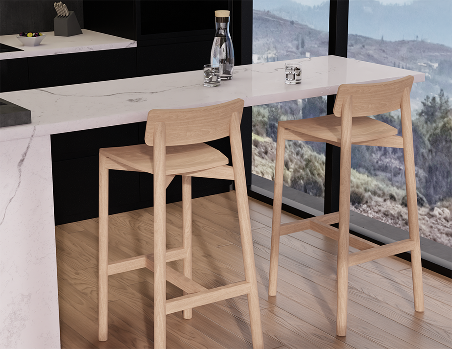 Two Andi Bar Stool - Natural - 75 cm Seat Height stools placed at a modern kitchen counter, showcasing clean lines, sturdy frame, and airy contemporary space.