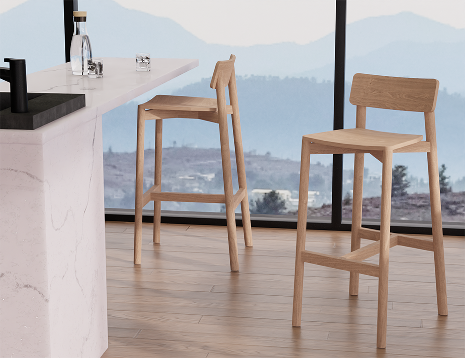 Close-up view of Andi Bar Stool - Natural - 75 cm Seat Height stools beside a marble kitchen island, highlighting craftsmanship, light wood tones, and modern minimalist styling.