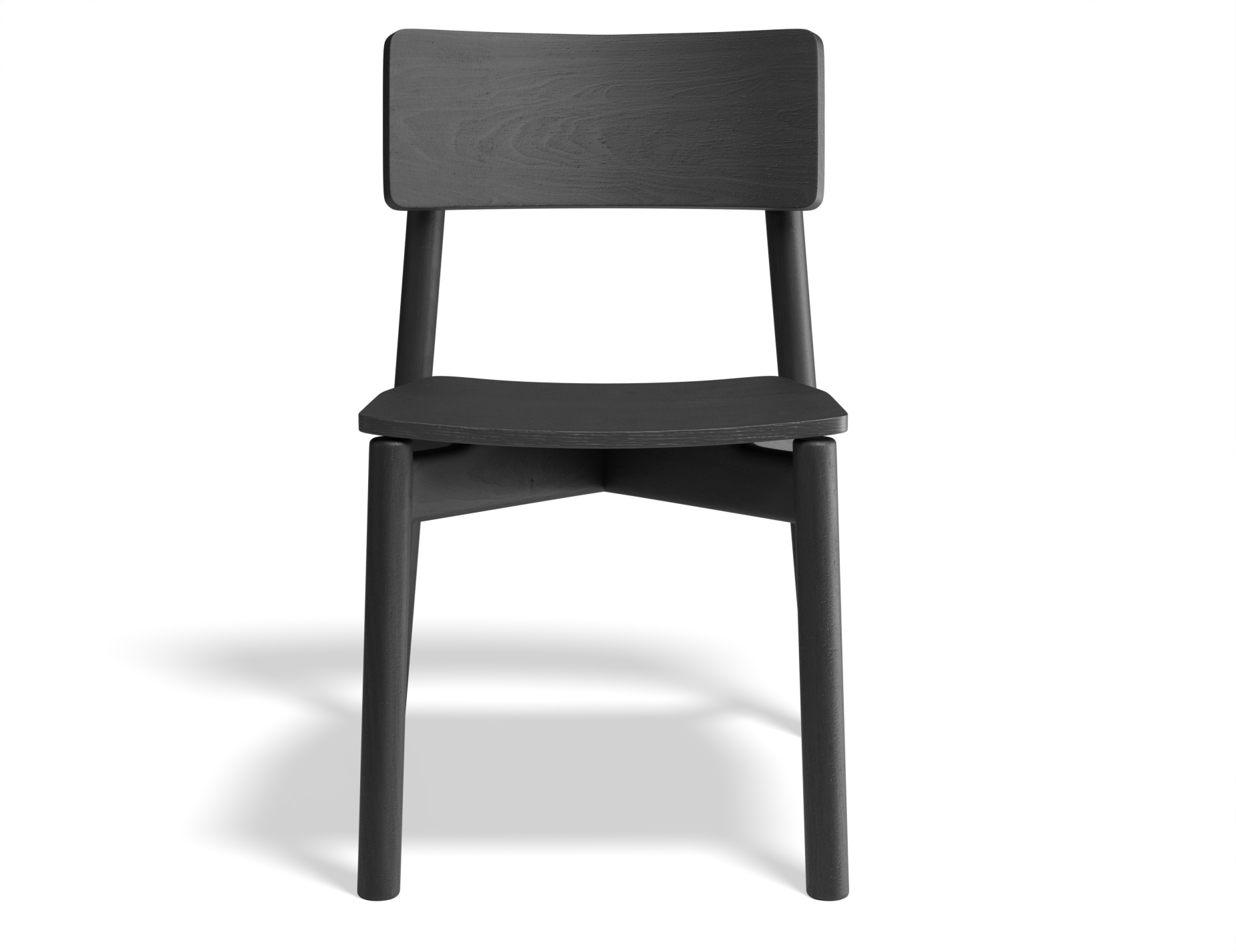 Front view of Andi Dining Chair Black isolated on white background, showcasing simple silhouette, curved backrest, and solid wood craftsmanship.