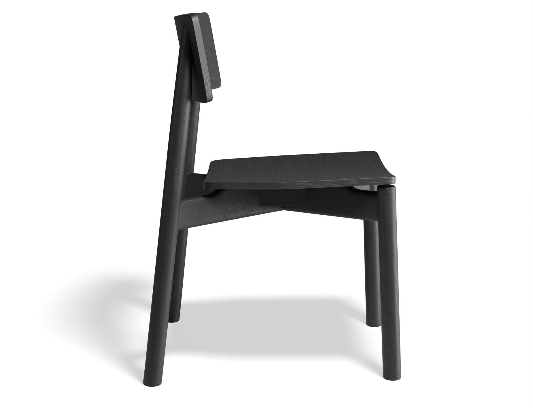Profile view of Andi Dining Chair Black isolated, showing sculpted seat, angled legs, and ergonomic minimalist design.