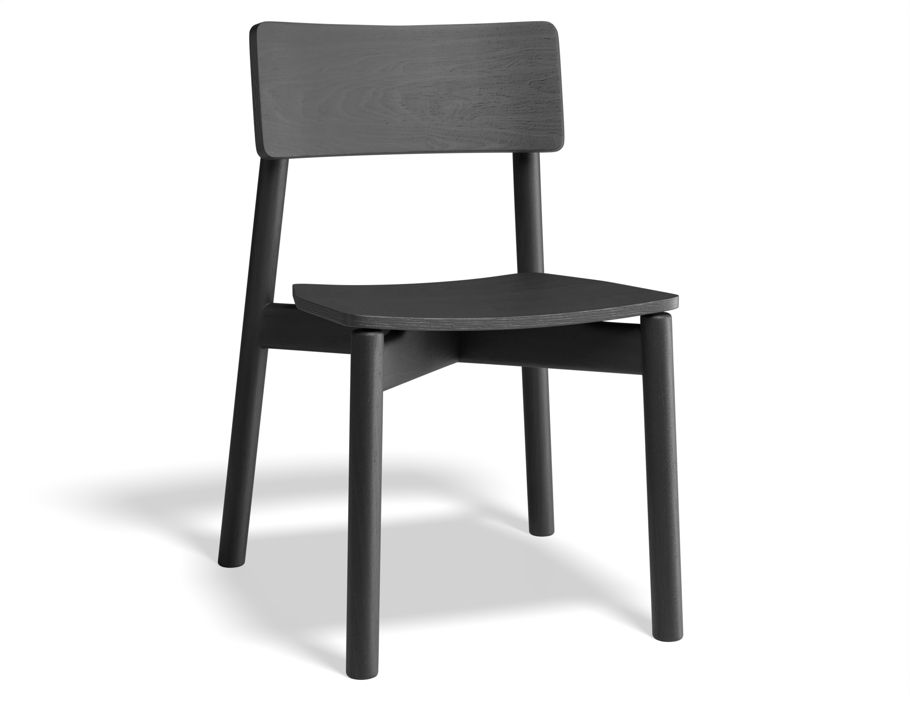 Three quarter front view of Andi Dining Chair Black isolated, emphasising smooth edges, natural wood grain texture, and modern minimalist form.