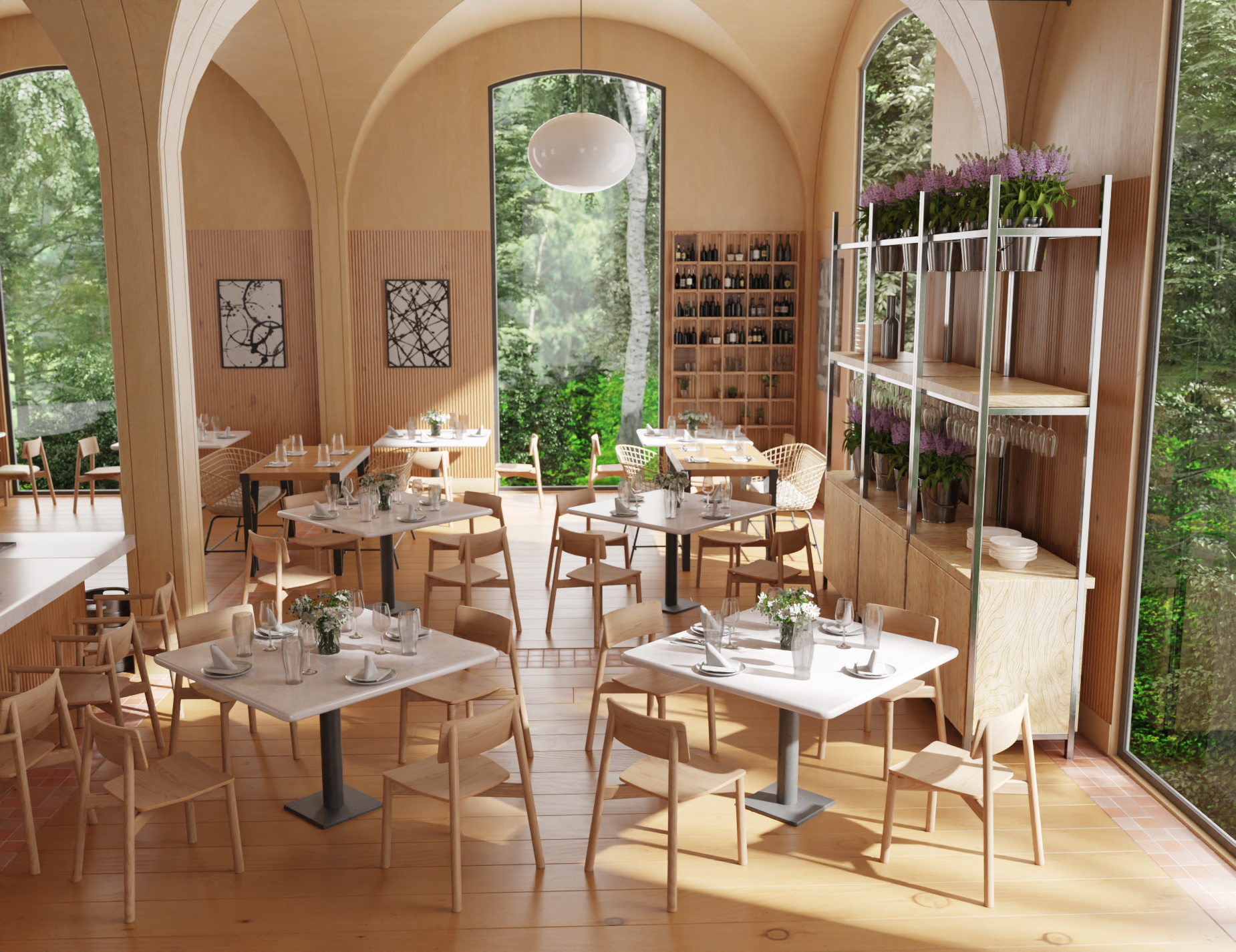 Spacious restaurant interior with arched windows, warm lighting, and multiple tables styled with Andi Dining Chair Natural.