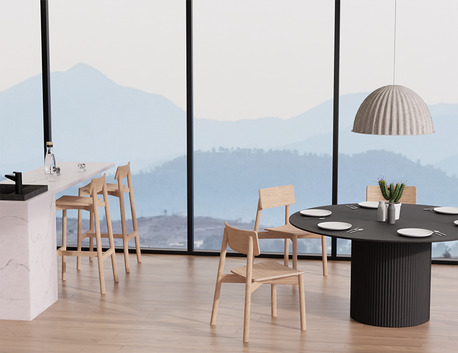 Modern dining room with round black table and wood flooring, styled with Andi Dining Chair Natural near large windows.