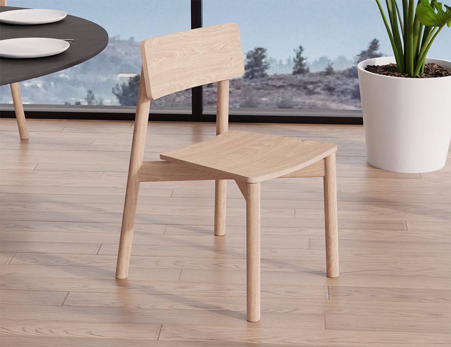 Detailed view of Andi Dining Chair Natural seat and backrest, showing wood grain texture and smooth curved edges.