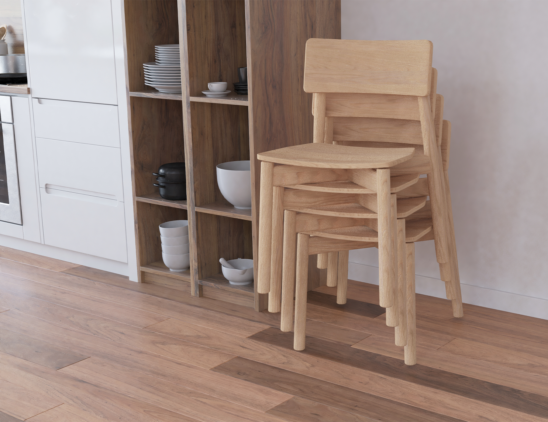 Stackable wooden chairs in kitchen interior beside open shelving, featuring Andi Dining Chair Natural functional design.