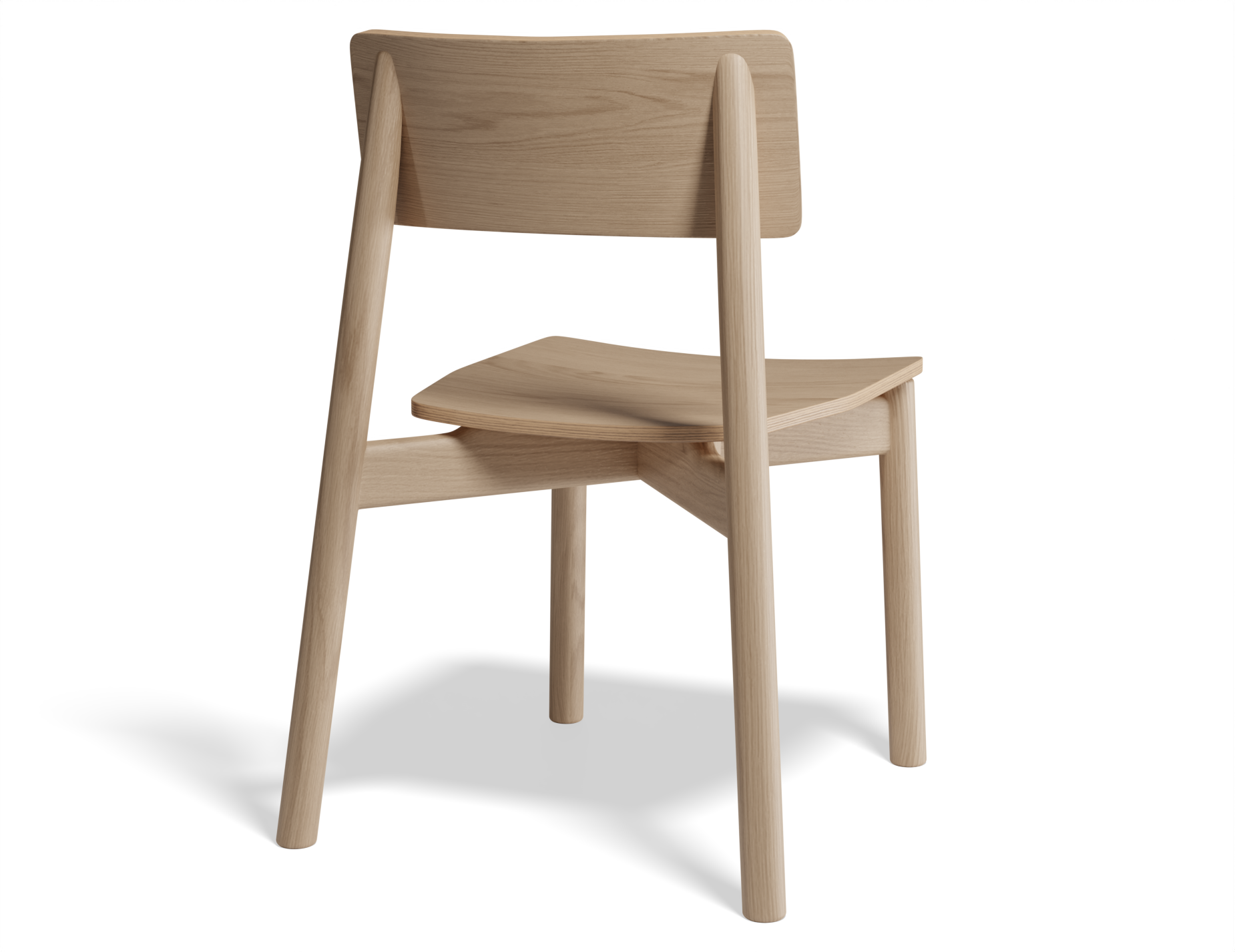 Rear view of Andi Dining Chair Natural showcasing curved wooden backrest and clean joinery, Scandinavian style chair, isolated.