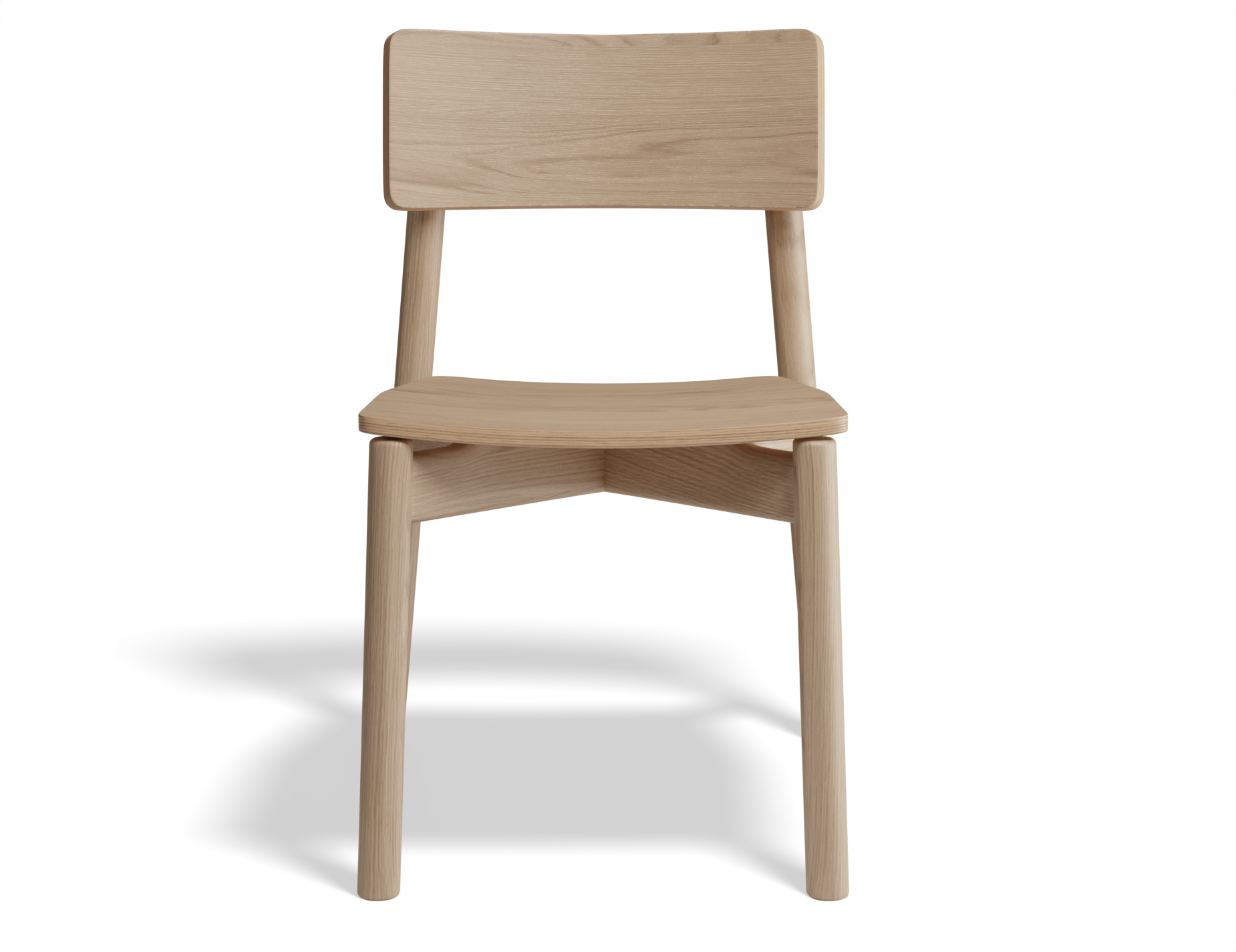 Front view Andi Dining Chair Natural solid wood dining chair with simple lines and smooth natural finish, isolated background.