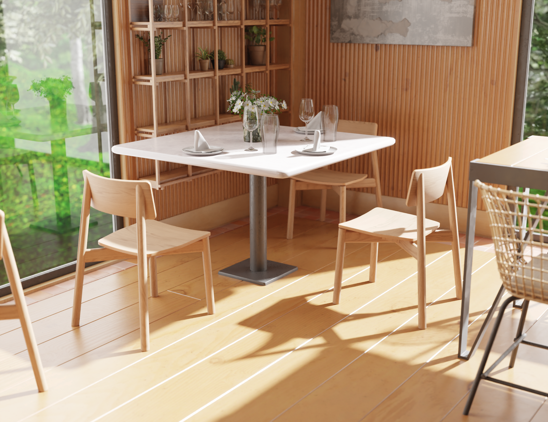 Airy restaurant interior with square cafe tables and decorative shelving, featuring Andi Dining Chair Natural seating.