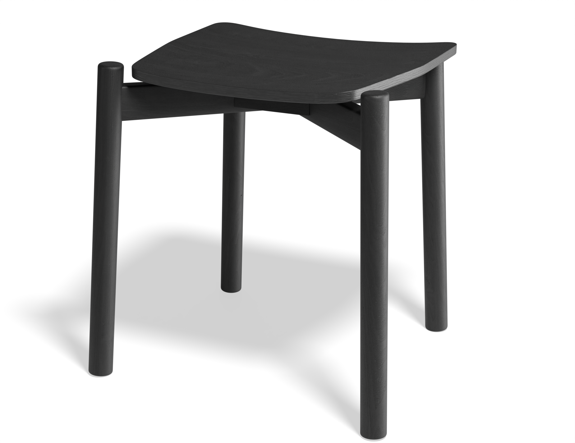 Three quarter front view of Andi Low Stool Black 45 cm seat height showcasing sculpted seat angled legs and smooth black wood finish