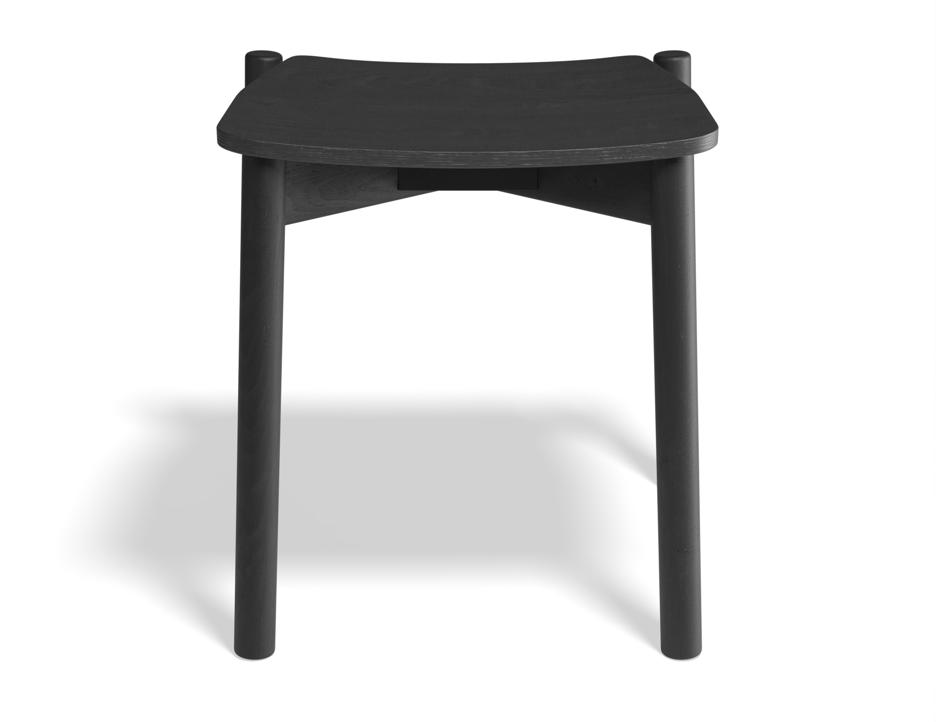 Front angled view of Andi Low Stool Black 45 cm seat height isolated on white background highlighting rounded corners and seamless wood construction