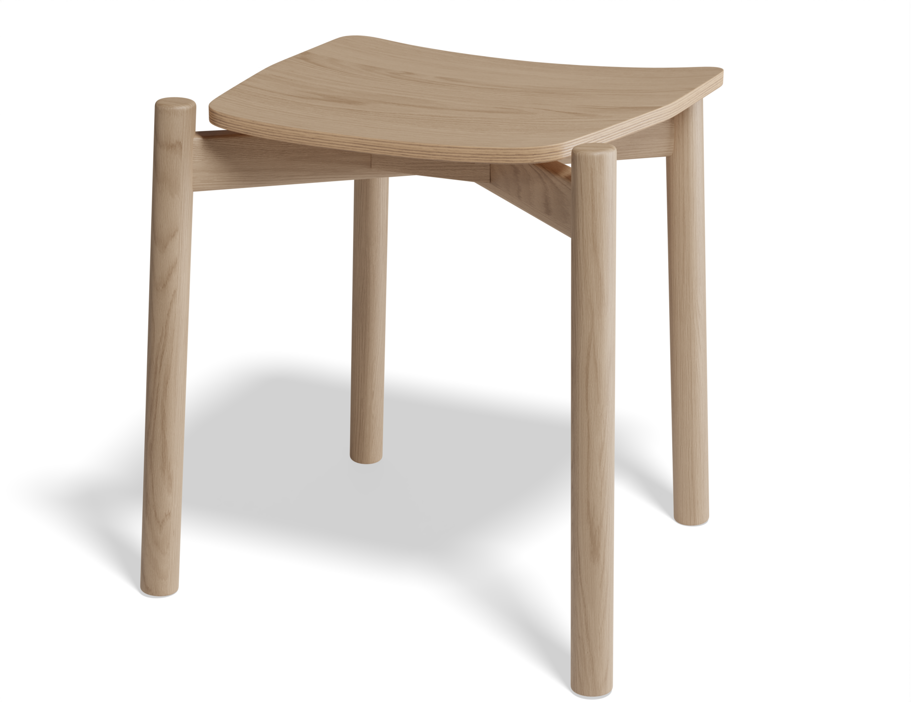 Three-quarter front view of Andi Low Stool Natural 45 cm Seat Height showcasing sculpted seat, angled legs, and smooth natural oak wood grain.