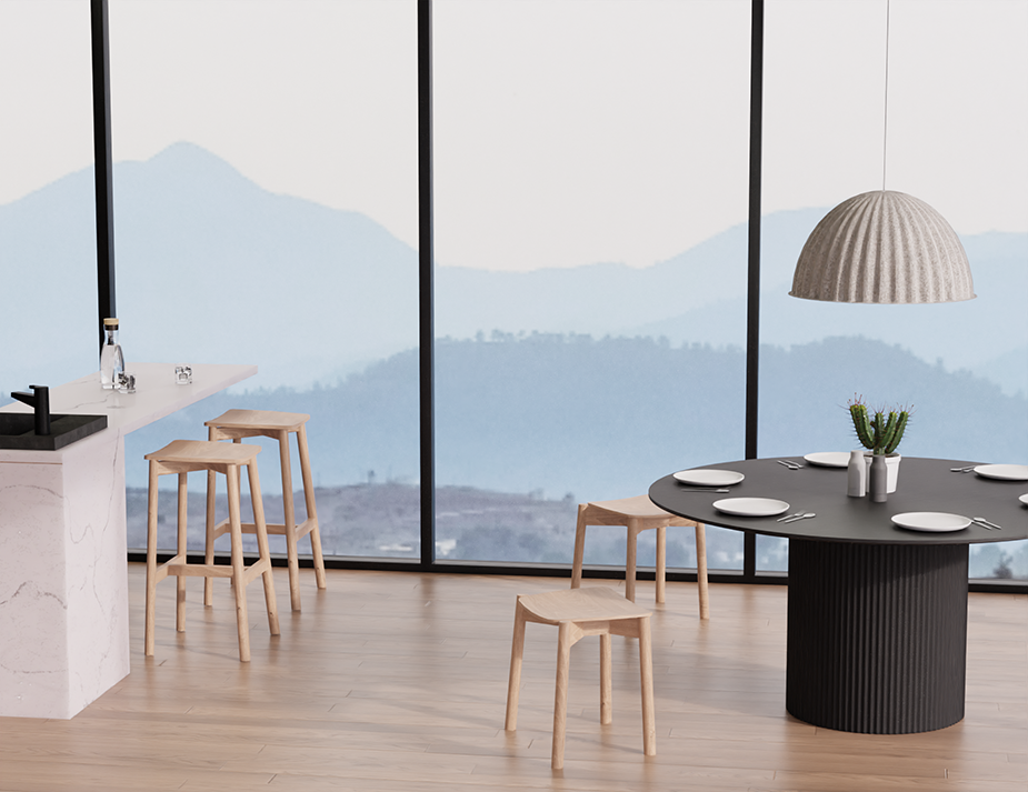Wide interior view of Andi Low Stool Natural 45 cm Seat Height set including multiple stools in modern kitchen and dining space with large windows.