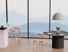 Wide interior view of Andi Low Stool Natural 45 cm Seat Height set including multiple stools in modern kitchen and dining space with large windows.