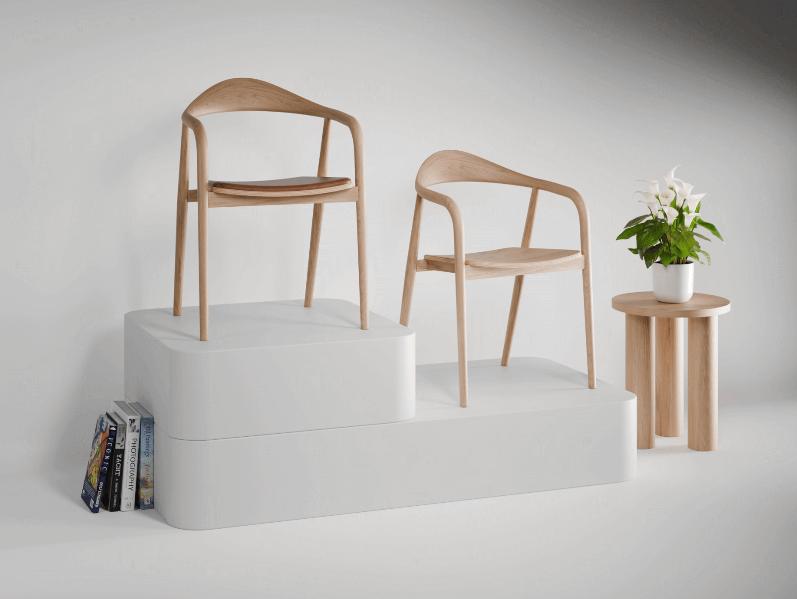 Two wooden armchairs in natural ash finish on a podium next to a small round wooden side table with a potted plant.