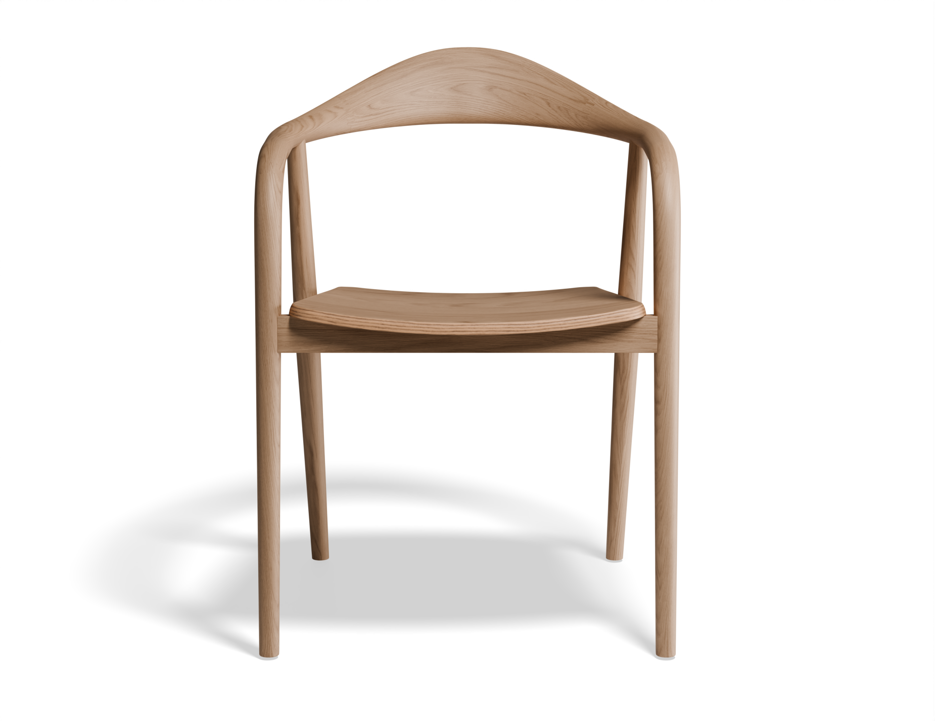 Front ont view of a natural wooden armchair.