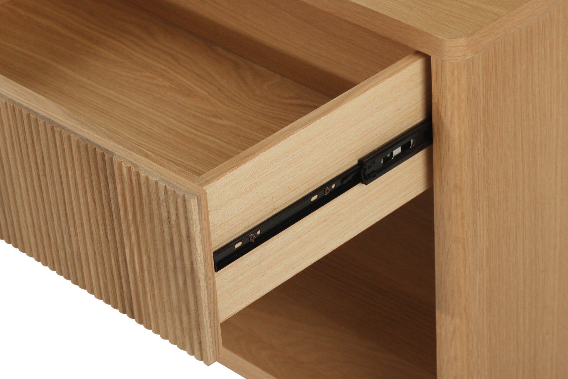 Drawer partially open on Harlow Bedside Table – Natural showing soft-close runner and spacious storage