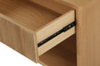 Drawer partially open on Harlow Bedside Table – Natural showing soft-close runner and spacious storage