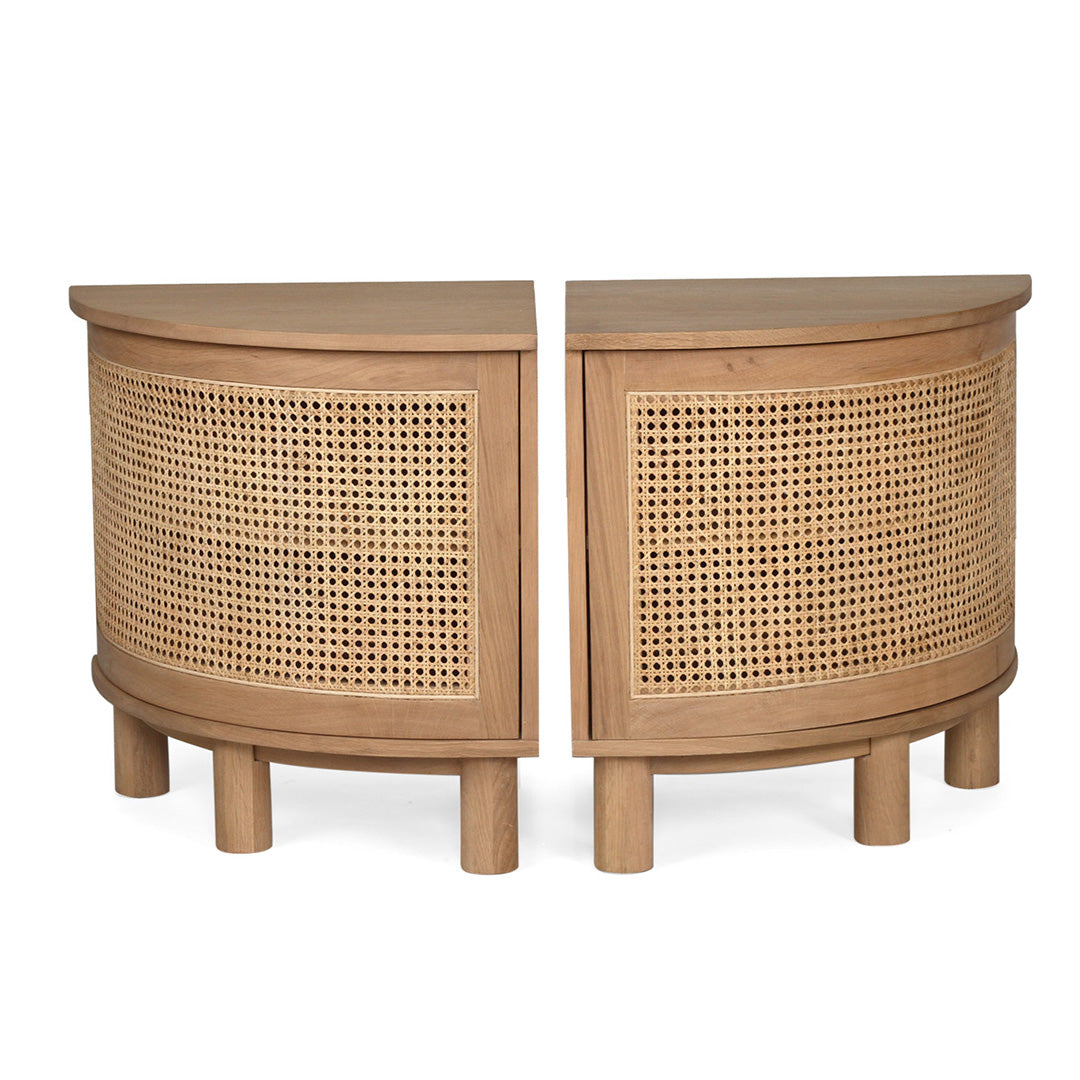 Front view of Iluka Bedside Tables – Natural (Pair) showing matching curved cane doors and rounded oak tops