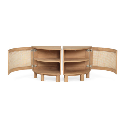 Both Iluka Bedside Tables – Natural (Pair) with doors open revealing curved oak shelves and cane‑lined doors