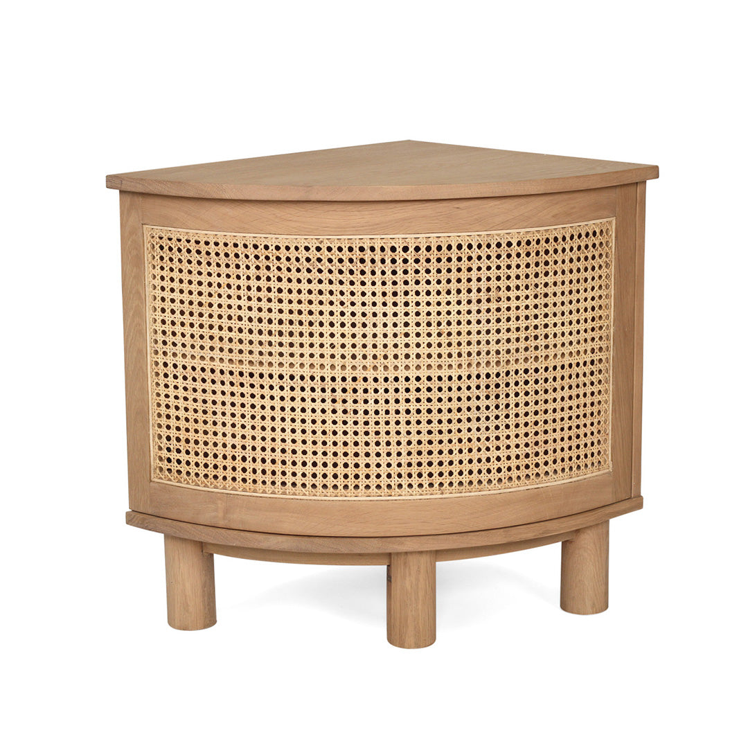 Front view of single Iluka Bedside Table – Natural with woven cane panel and round oak legs on white background