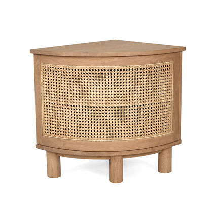 Front view of single Iluka Bedside Table – Natural with woven cane panel and round oak legs on white background