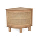 Front view of single Iluka Bedside Table – Natural with woven cane panel and round oak legs on white background