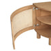 Close‑up open door detail of Iluka Bedside Table – Natural showing curved cane panel, hinges and rounded oak shelves