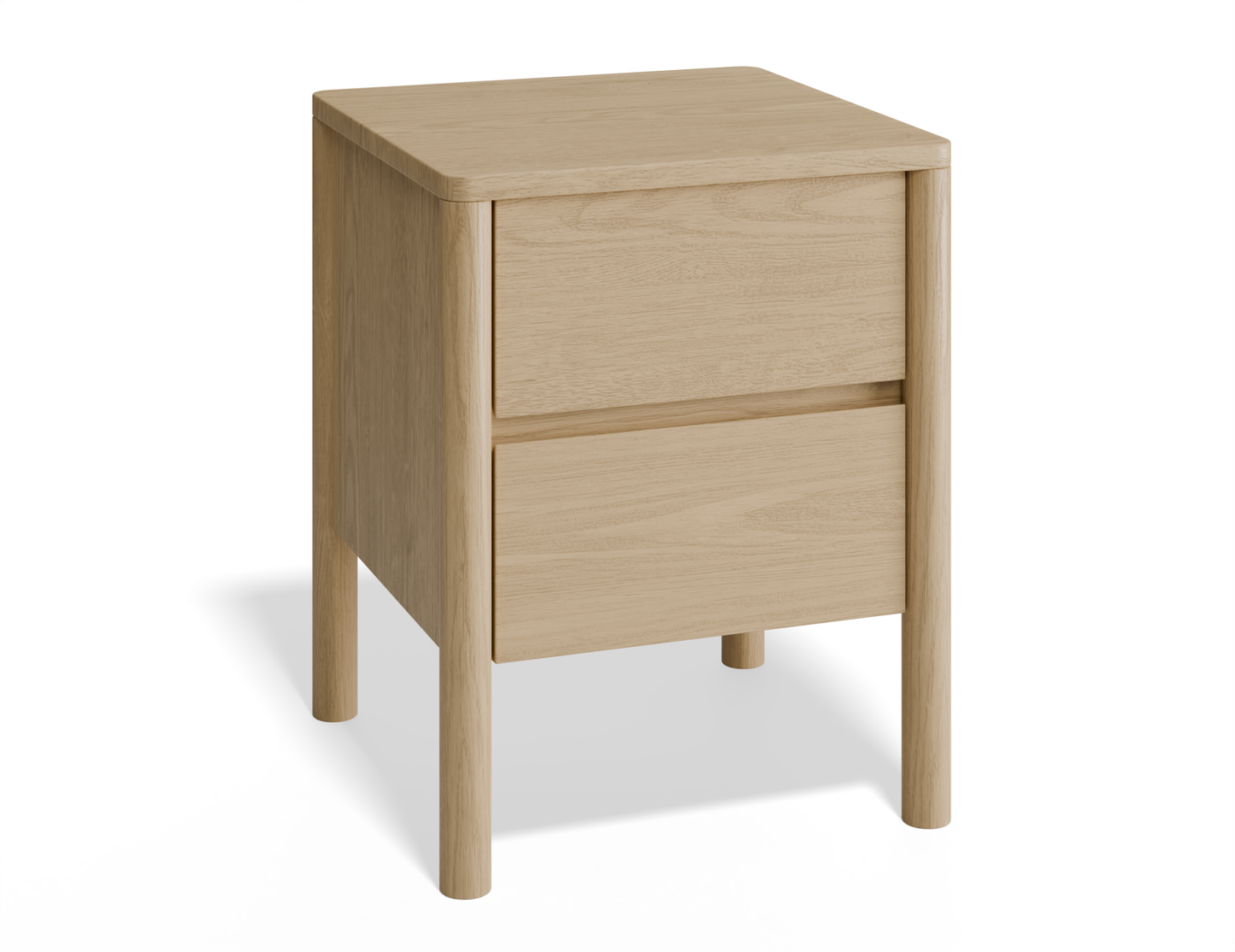 Slightly angled front view of bedside table in natural wood finish with two drawers with rounded edges and legs.