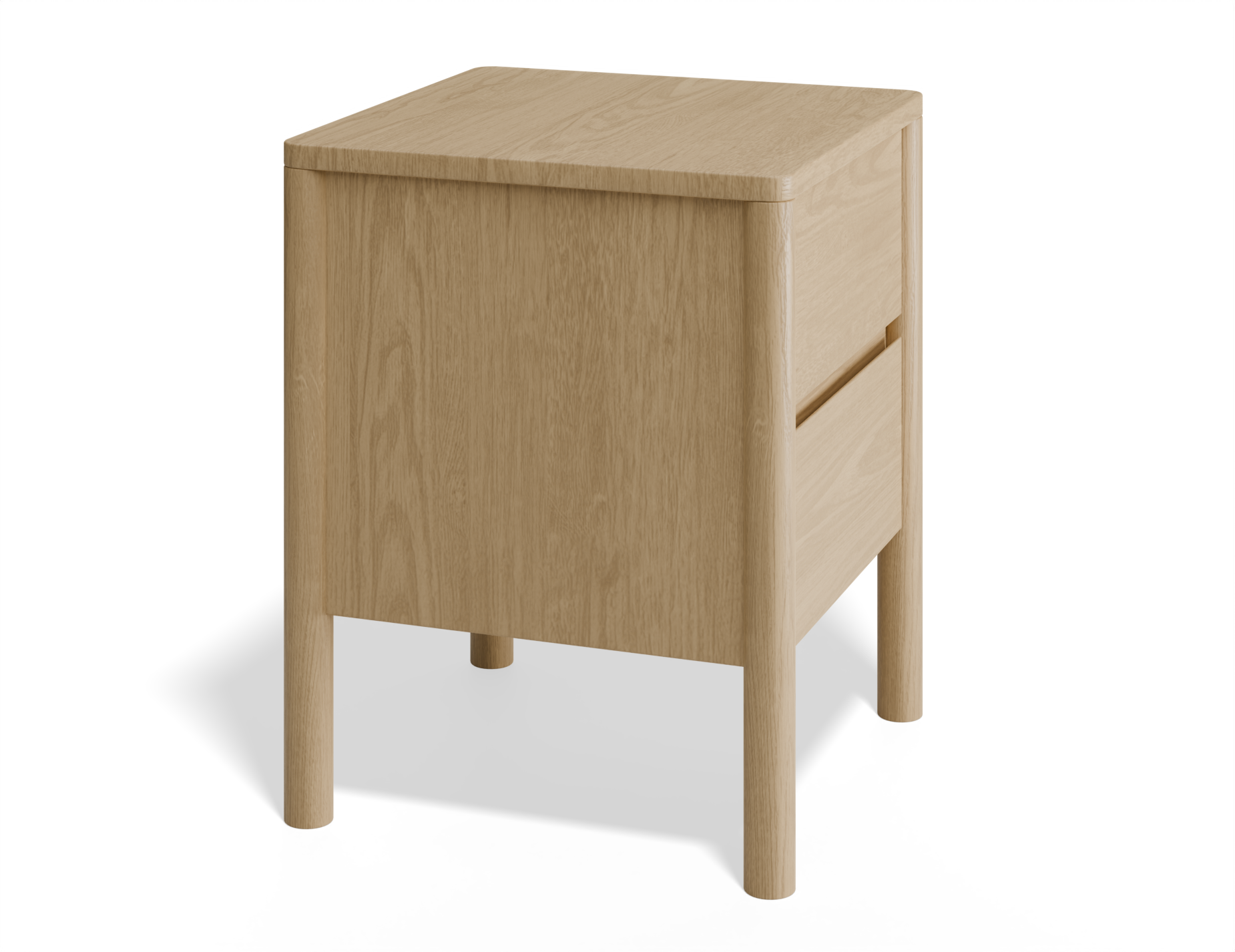 Slightly angled side view of bedside table in natural wood finish with two drawers with rounded edges and legs.